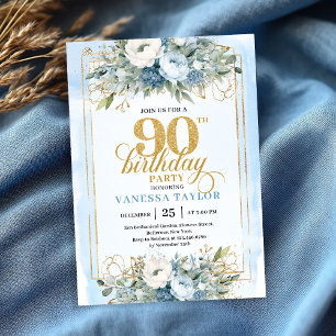 Stunning pastel blue gold frame 90th birthday  invitation