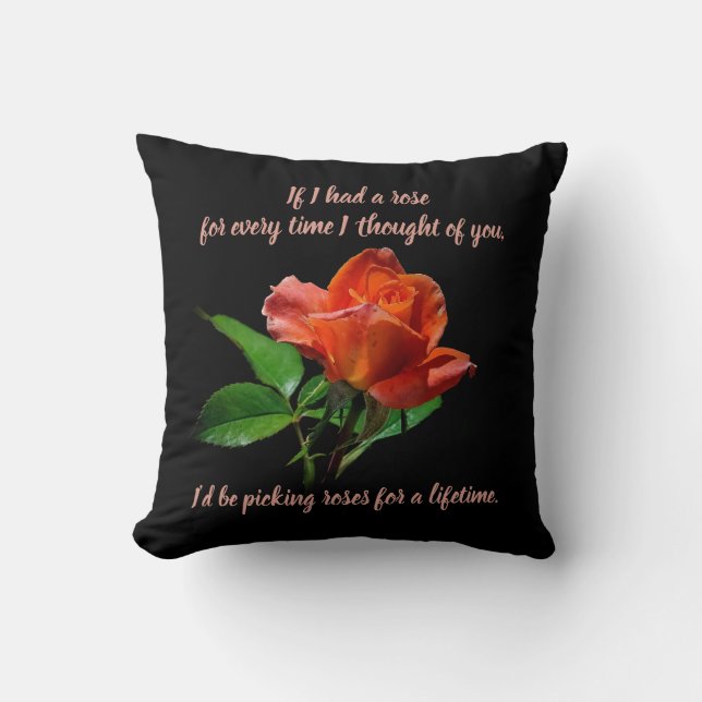 Stunning Peachy Red Rose On Black Cushion (Front)