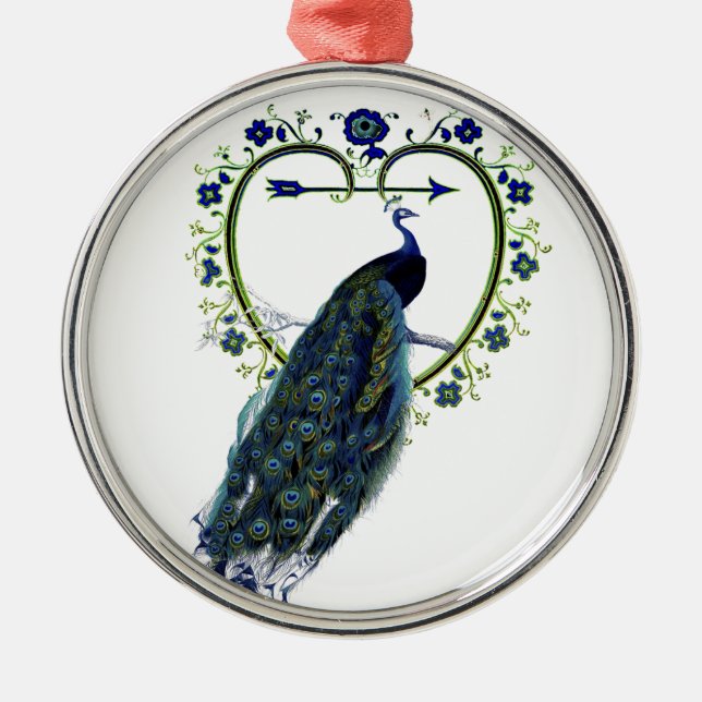 Stunning Peacock and ornate heart flower frame Metal Tree Decoration (Front)