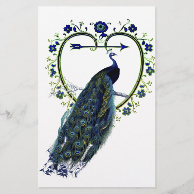 Stunning Peacock and ornate heart flower frame Stationery (Front)