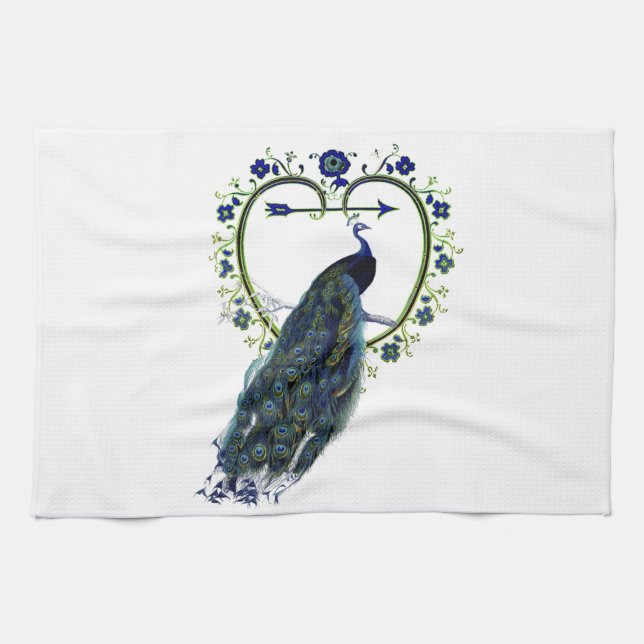 Stunning Peacock and ornate heart flower frame Tea Towel (Horizontal)