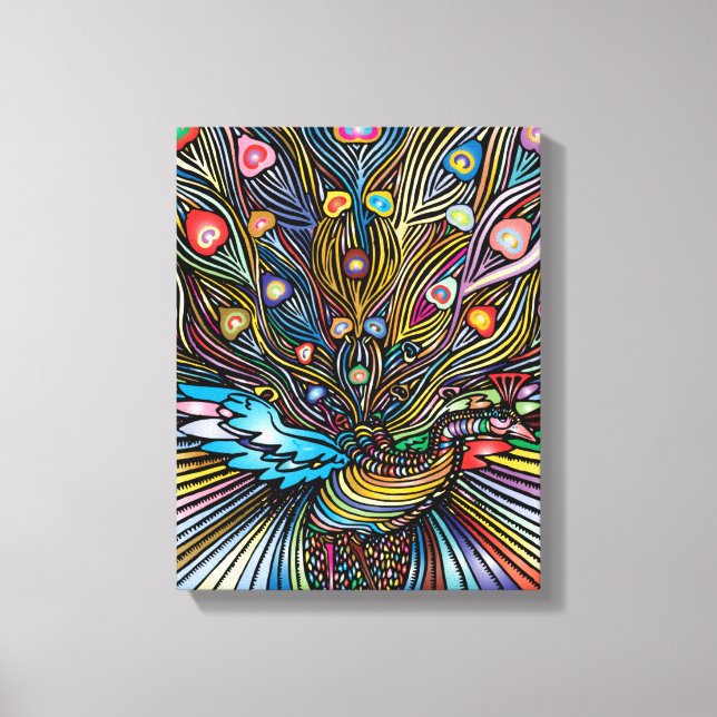 Stunning Peacock in Huichol Style Art Canvas Print (Front)