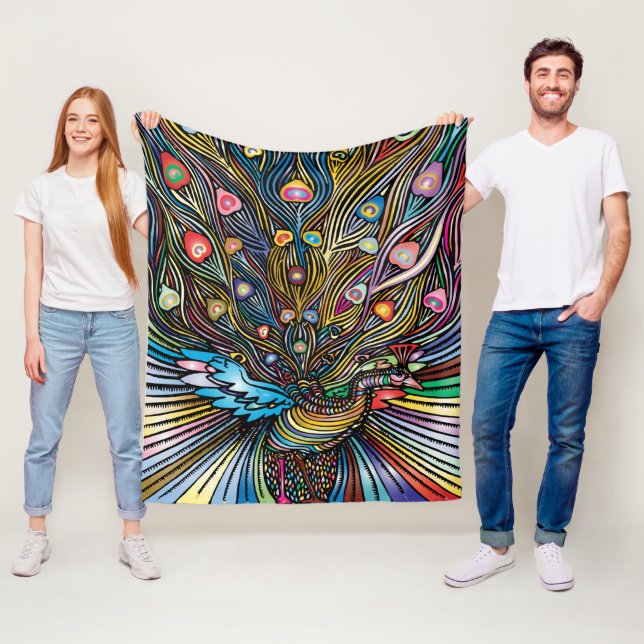 Stunning Peacock in Huichol Style Art Fleece Blanket (In Situ)