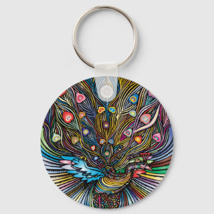 Stunning Peacock in Huichol Style Art Key Ring