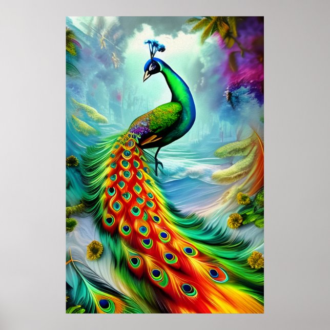 Stunning peacock with magnificent tail feathers poster (Front)