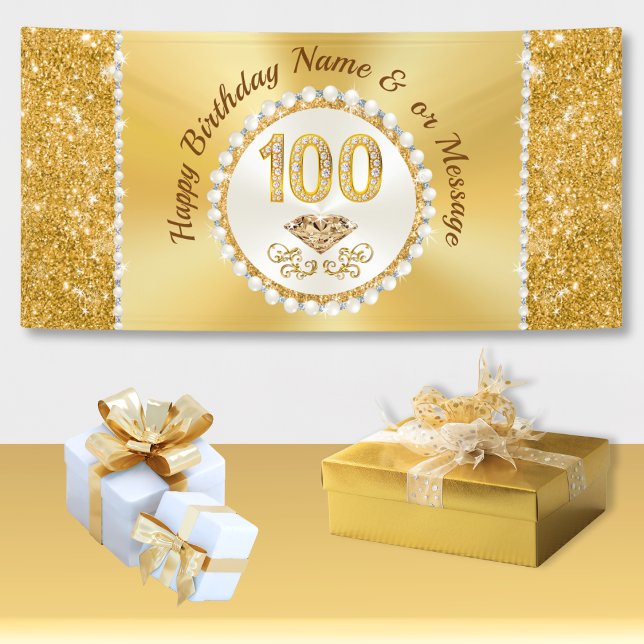 Stunning Personalised, 100th Birthday Banners (100th birthday party ideas. 100th birthday party ideas. Diamond Pearls, 100th birthday party theme.)