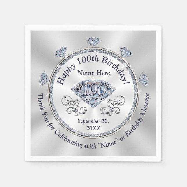 Stunning Personalised, 100th Birthday Napkins (Front)