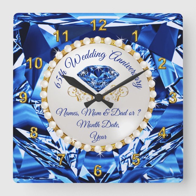 Stunning Personalised, 65th Anniversary Gift, 65th Square Wall Clock (Front)