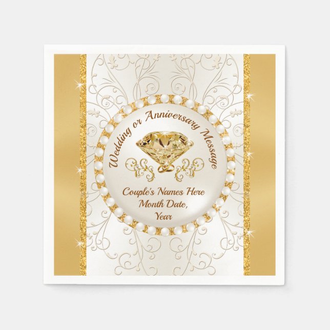 Stunning Personalised Ivory Golden Wedding Napkins (Front)