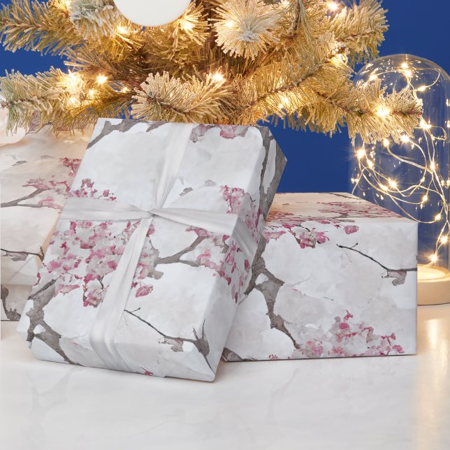 Stunning Pink and Silvery Cherry Blossoms Print Wrapping Paper (Holidays)