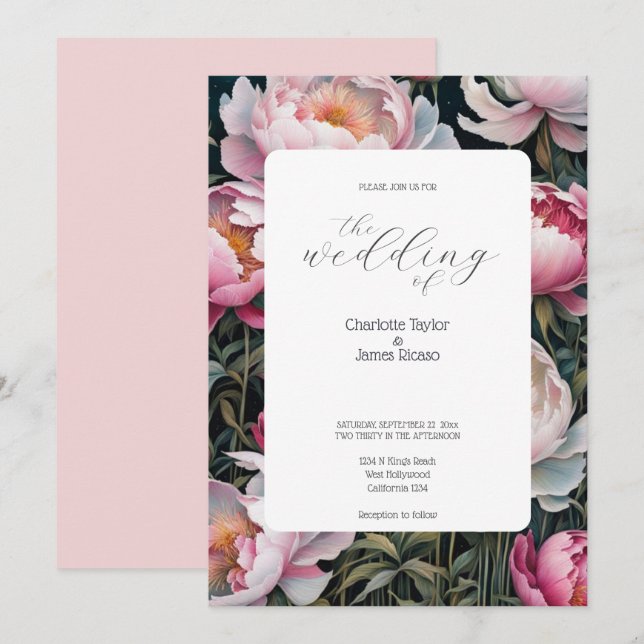 Stunning Pink and White Peonies Elegant Wedding Invitation (Front/Back)