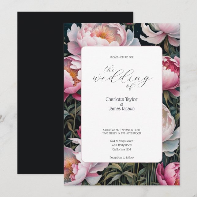 Stunning Pink and White Peonies Elegant Wedding Invitation (Front/Back)