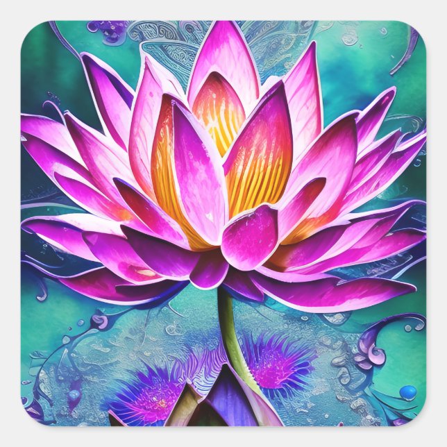 Stunning Pink Lotus Flower Portrait Square Sticker (Front)