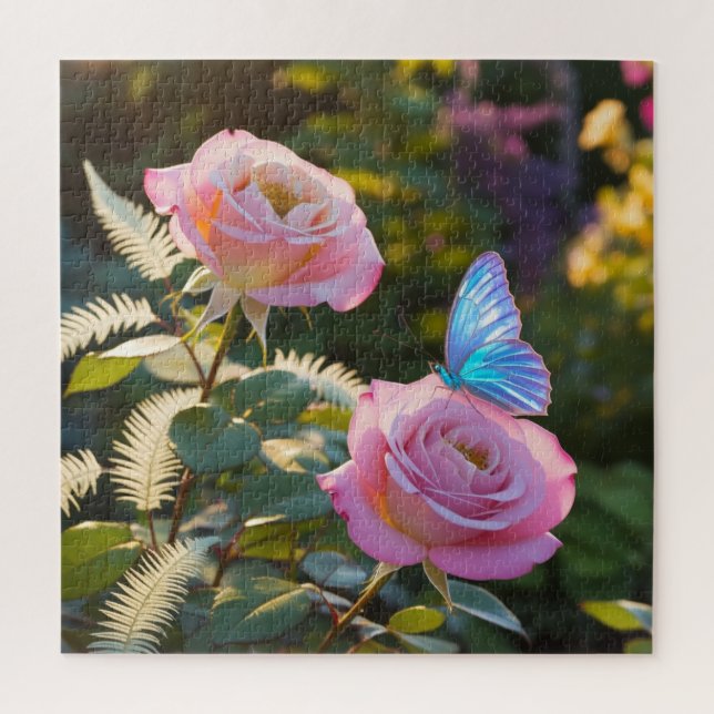 Stunning Pink Roses & Blue Butterfly  Jigsaw Puzzle (Vertical)