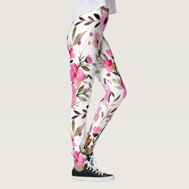 Stunning Pink Watercolor Floral Pattern  Leggings (Right)