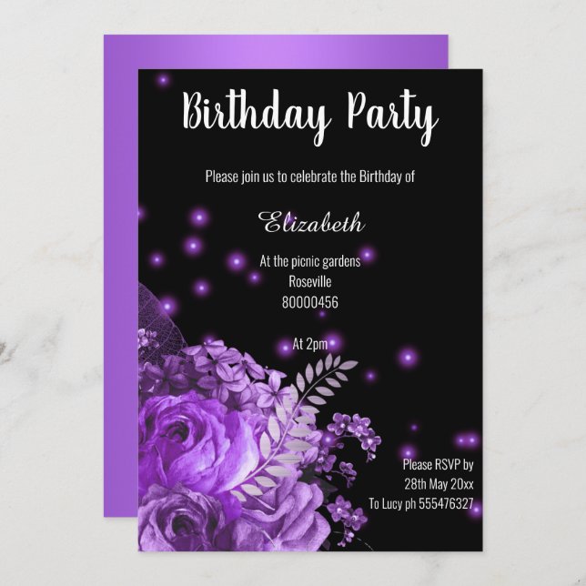 STUNNING PURPLE BLACK FLORAL GARDEN BIRTHDAY 2 INVITATION (Front/Back)
