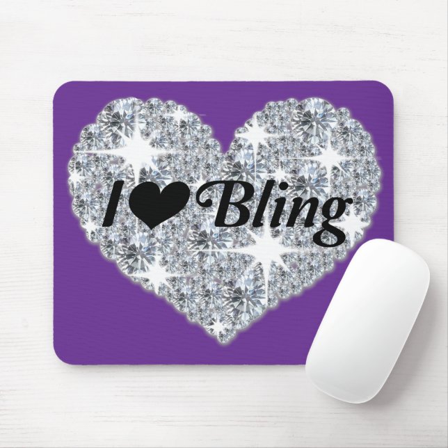 Stunning Purple Faux Diamond 'I Love Bling' Heart Mouse Mat (With Mouse)