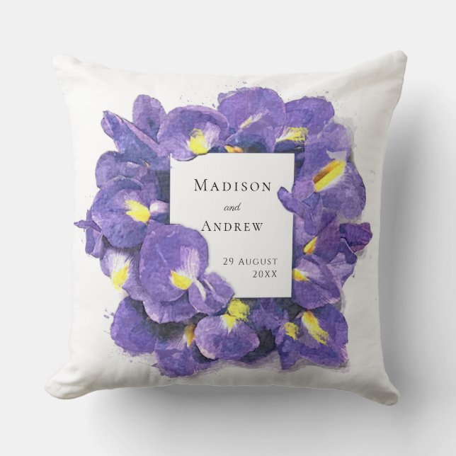 Stunning Purple Irises Watercolor Floral Wedding Cushion (Front)