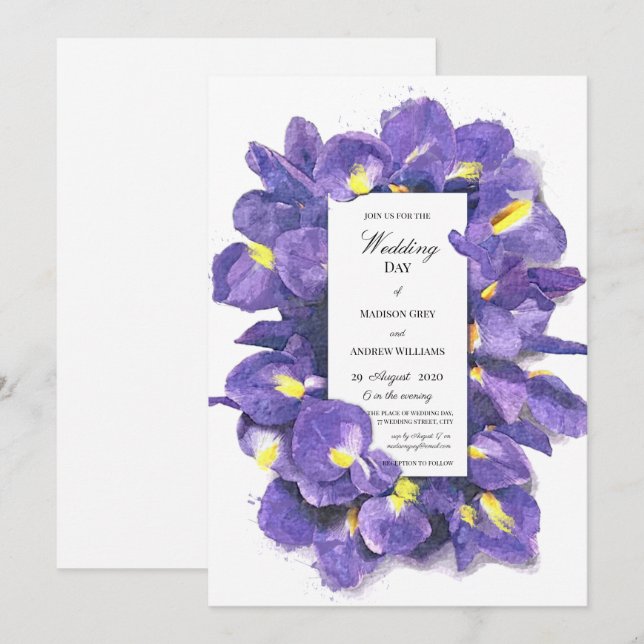 Stunning Purple Irises Watercolor Floral Wedding Invitation (Front/Back)