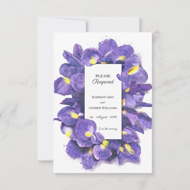 Stunning Purple Irises Watercolor Floral Wedding RSVP Card (Front)