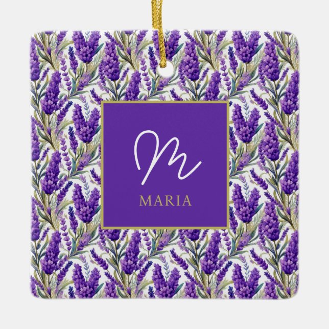Stunning Purple Lavender Pattern Monogramed Ceramic Ornament (Front)