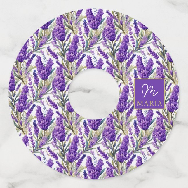 Stunning Purple Lavender Pattern Monogramed Wine Glass Tag (Front)
