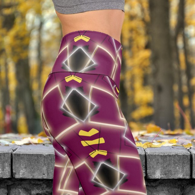 Stunning Red Framed in Gold Pattern Yoga Capri Leggings (Framed in Gold on Tyrian Red Capri Leggings)