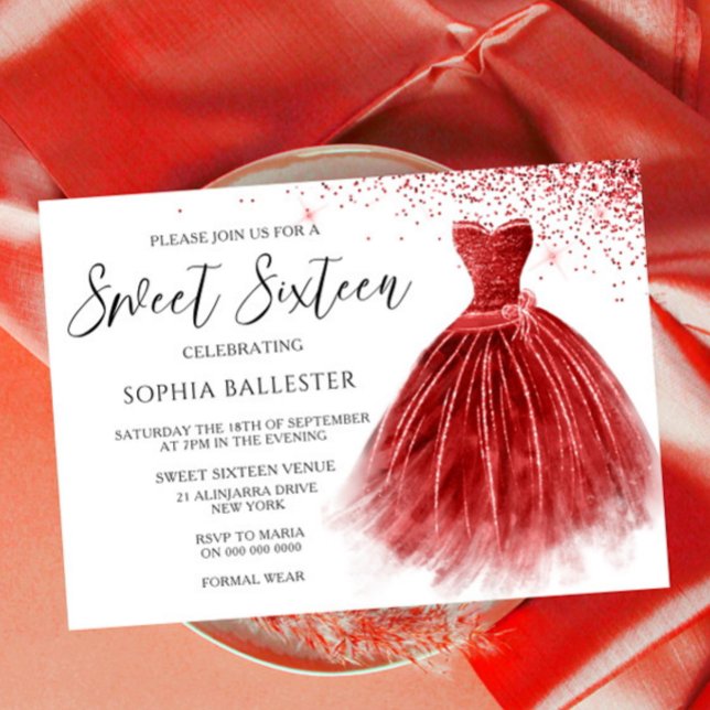 Stunning Red Glitter Gown Dress Sweet 16 Party Invitation (Creator Uploaded)