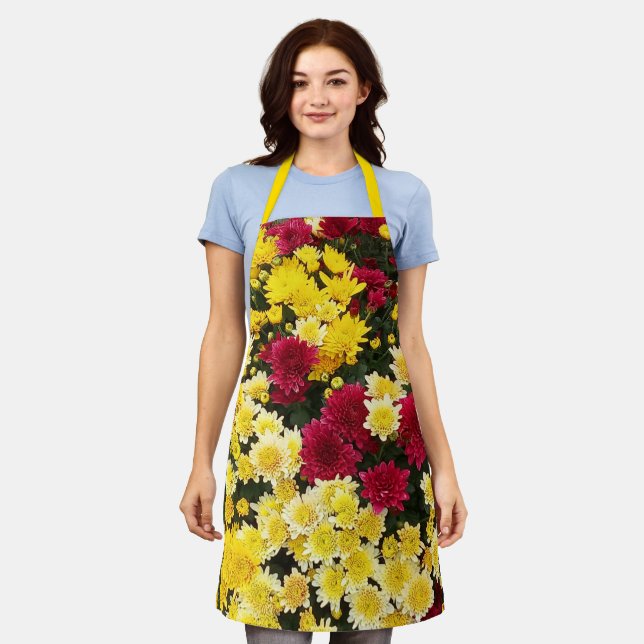Stunning Red Gold Autumn Chrysanthemum Flowers Apron (Worn)