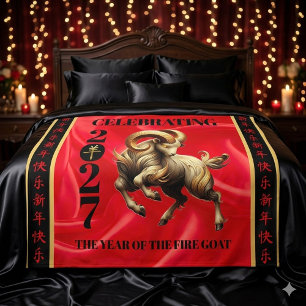 Stunning Red Gold Chinese Year of Fire Goat 2027 Fleece Blanket