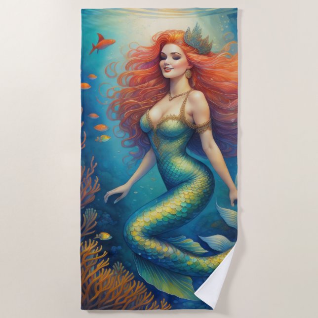 Stunning Red Haired Mermaid Beach Towel (Front)