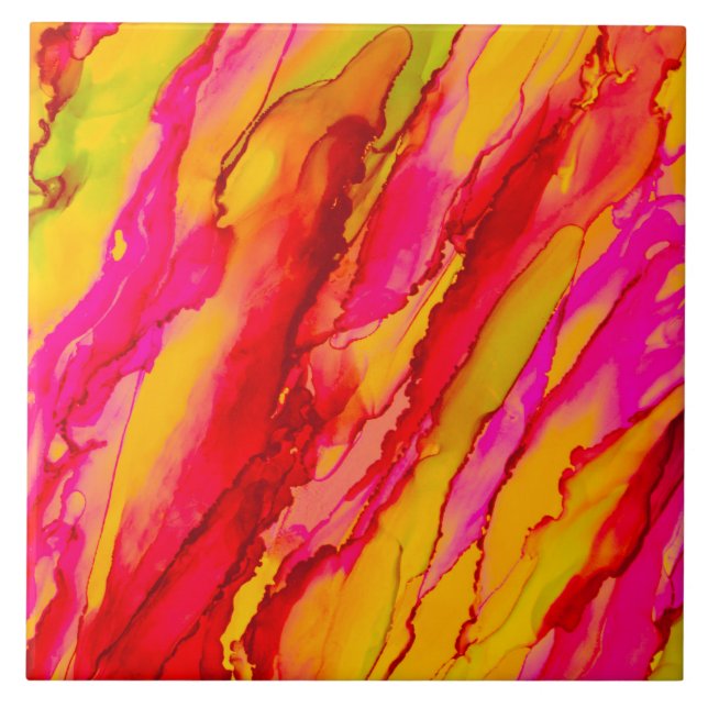 Stunning Red Pink Yellow Alcohol Ink Tile (Front)