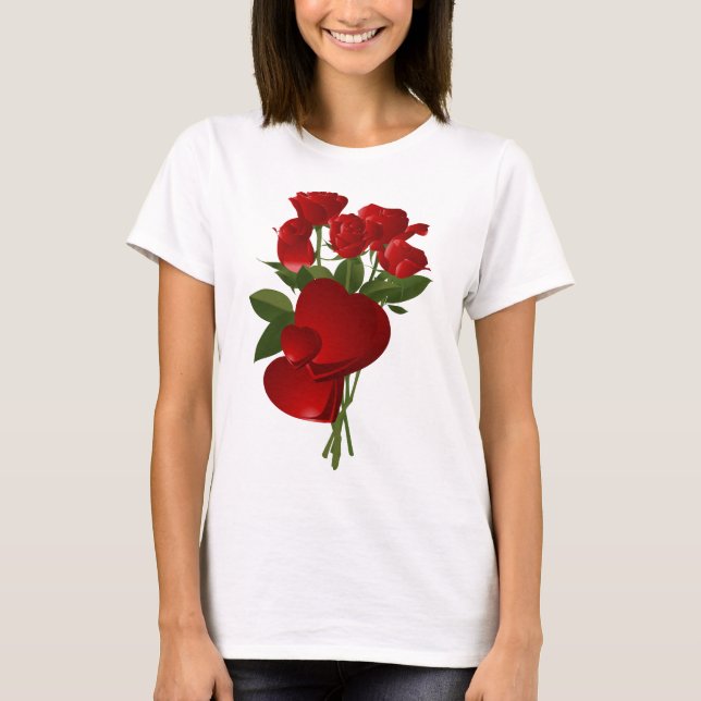 Stunning Red Roses and Hearts T-Shirt (Front)
