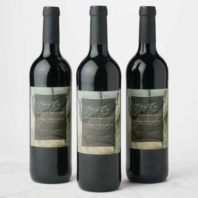 Stunning Rich Earthy Greens Liquid Abstract Ink Wine Label (Bottles)