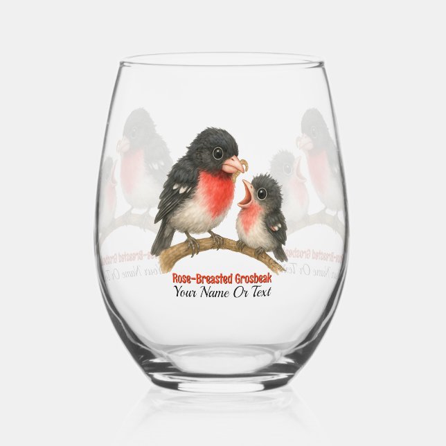 Stunning Rose Breasted Grosbeak Stemless Wine Glass (Front)