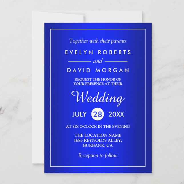 Stunning Royal Blue Classy Wedding Invitation Card (Front)