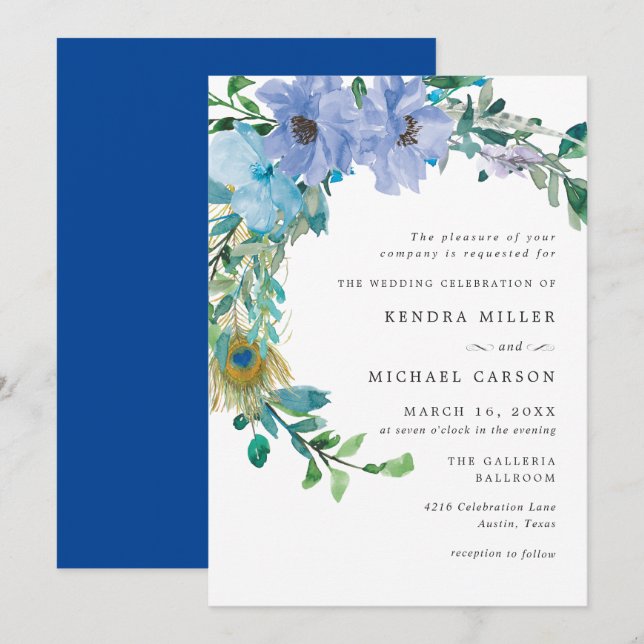 Stunning Sapphire Blue Floral Wedding Invitation (Front/Back)