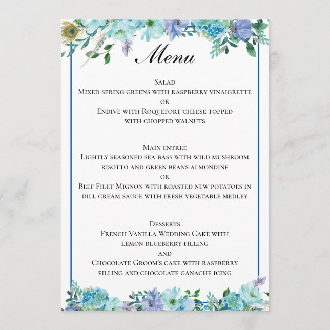Stunning Sapphire Blue Floral Wedding Menu (Front)