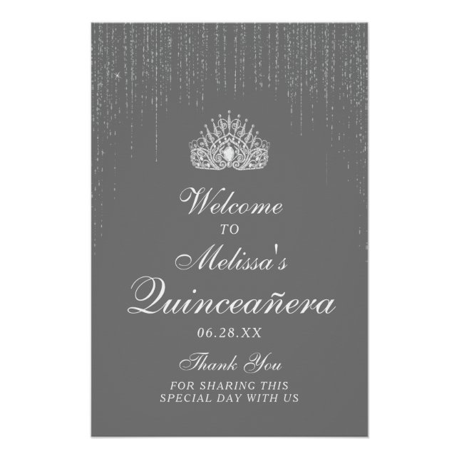 Stunning Silver Glitter Quinceanera Welcome Sign (Front)