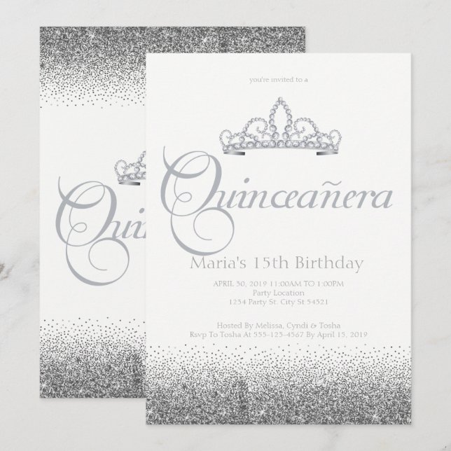 Stunning Silver Quinceañera Invitations (Front/Back)