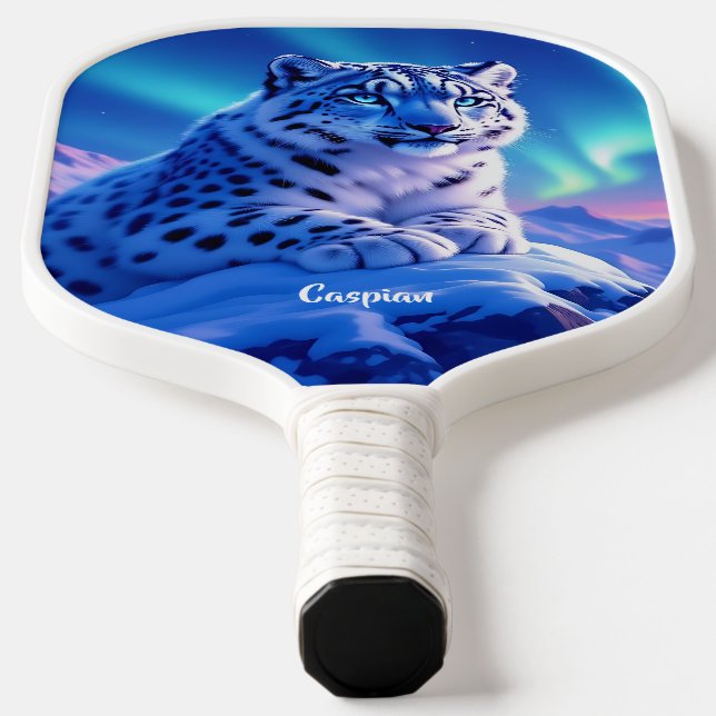 Stunning Snow Leopard on Mountain Rock Pickleball Paddle (Laydown)