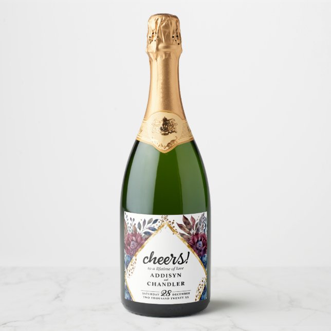 Stunning Sophistication Jewel-Toned Peony Wedding Sparkling Wine Label (Front)