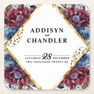 Stunning Sophistication Jewel-Toned Peony Wedding Square Paper Coaster