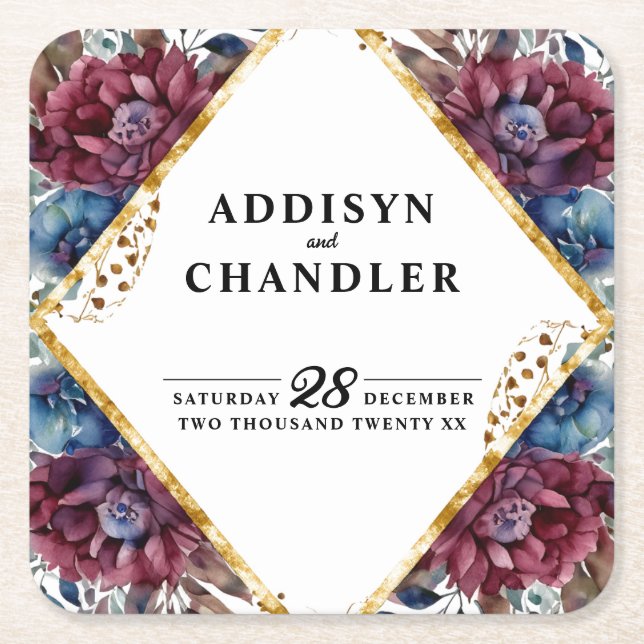 Stunning Sophistication Jewel-Toned Peony Wedding Square Paper Coaster (Front)