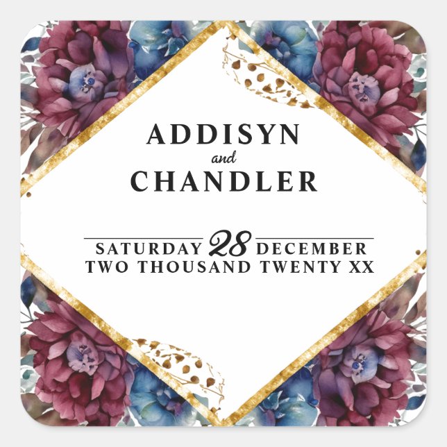 Stunning Sophistication Jewel-Toned Peony Wedding Square Sticker (Front)