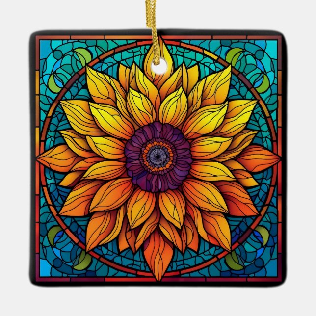 Stunning Stained Glass Flowers Sunflower Ceramic Ornament (Front)