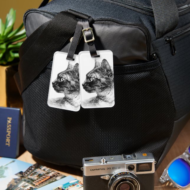 Stunning Stella the Grey Cat Sketch Luggage Tag (Front & Back)