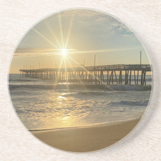 Stunning Sunrise at Virginia Beach Pier – Sunburst Coaster (Front)