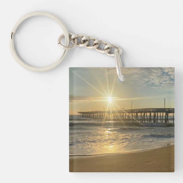 Stunning Sunrise at Virginia Beach Pier – Sunburst Key Ring (Front)