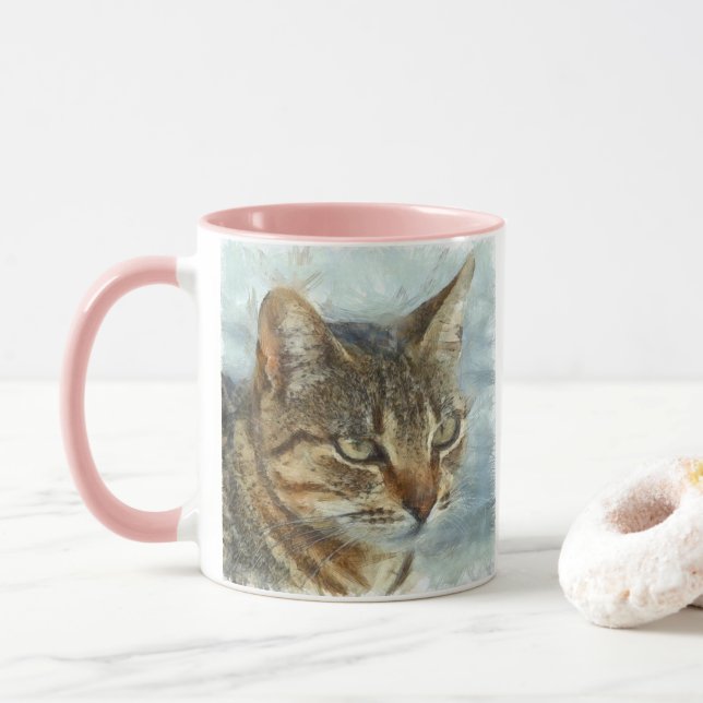 Stunning Tabby Cat Close Up Graphite Pencil Portra Mug (With Donut)
